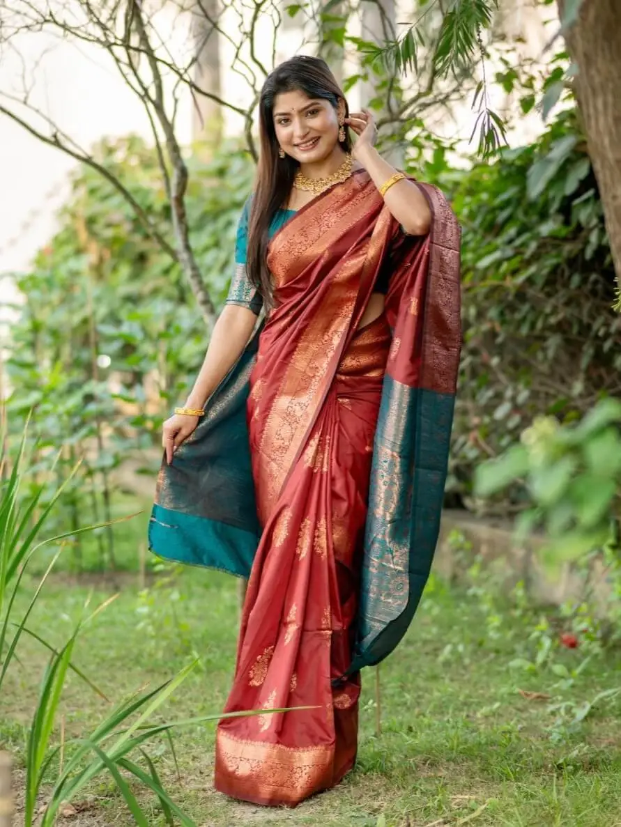 Step Into Elegance with Brick Red Banarasi Katan Silk Pattu Saree image 2
