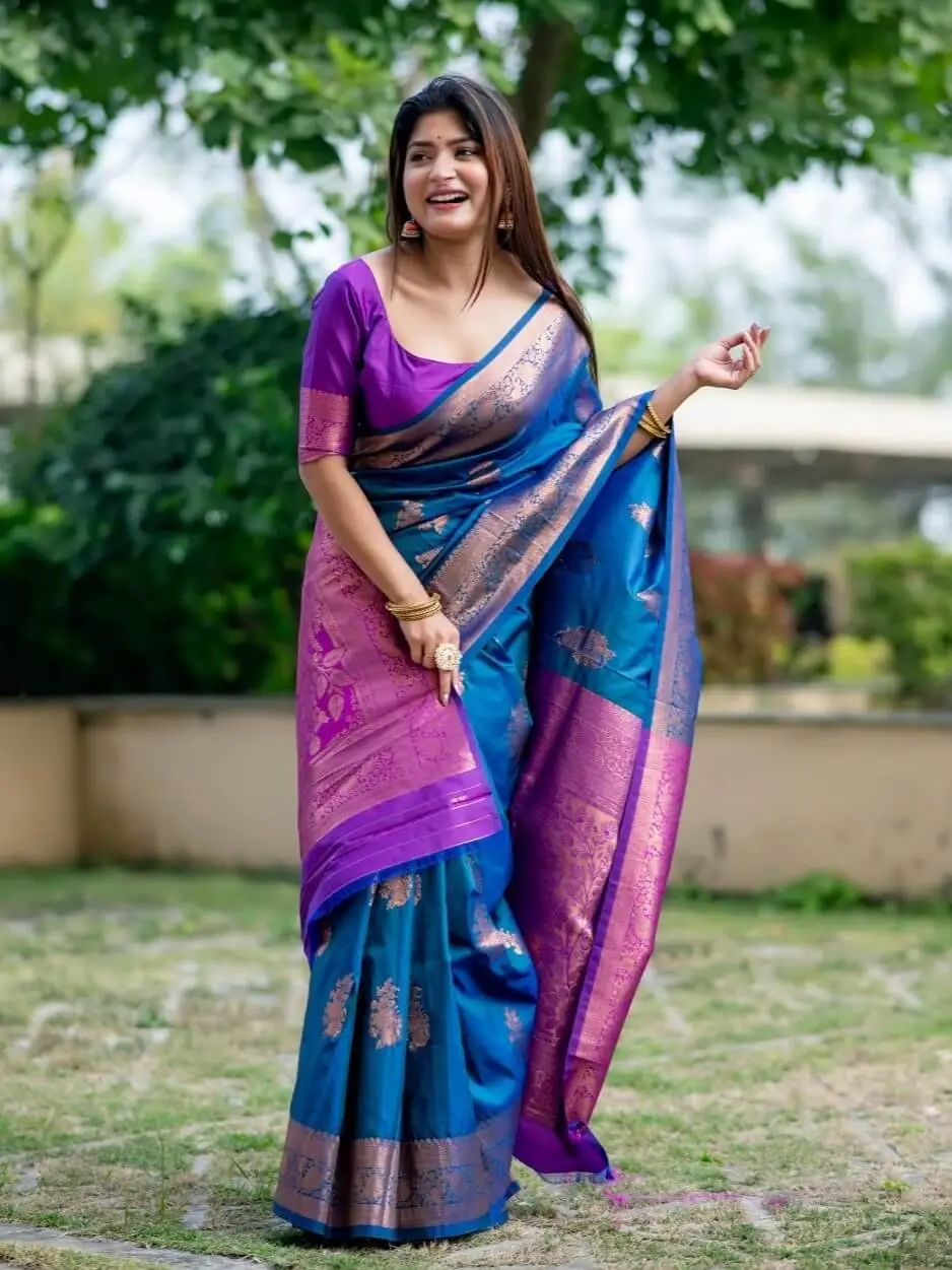 Get Stylish with Blue Banarasi Katan Silk Pattu Saree