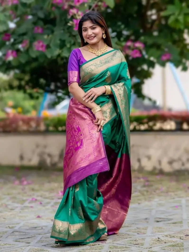 Gild Your Glamour with Green Banarasi Katan Silk Pattu Saree