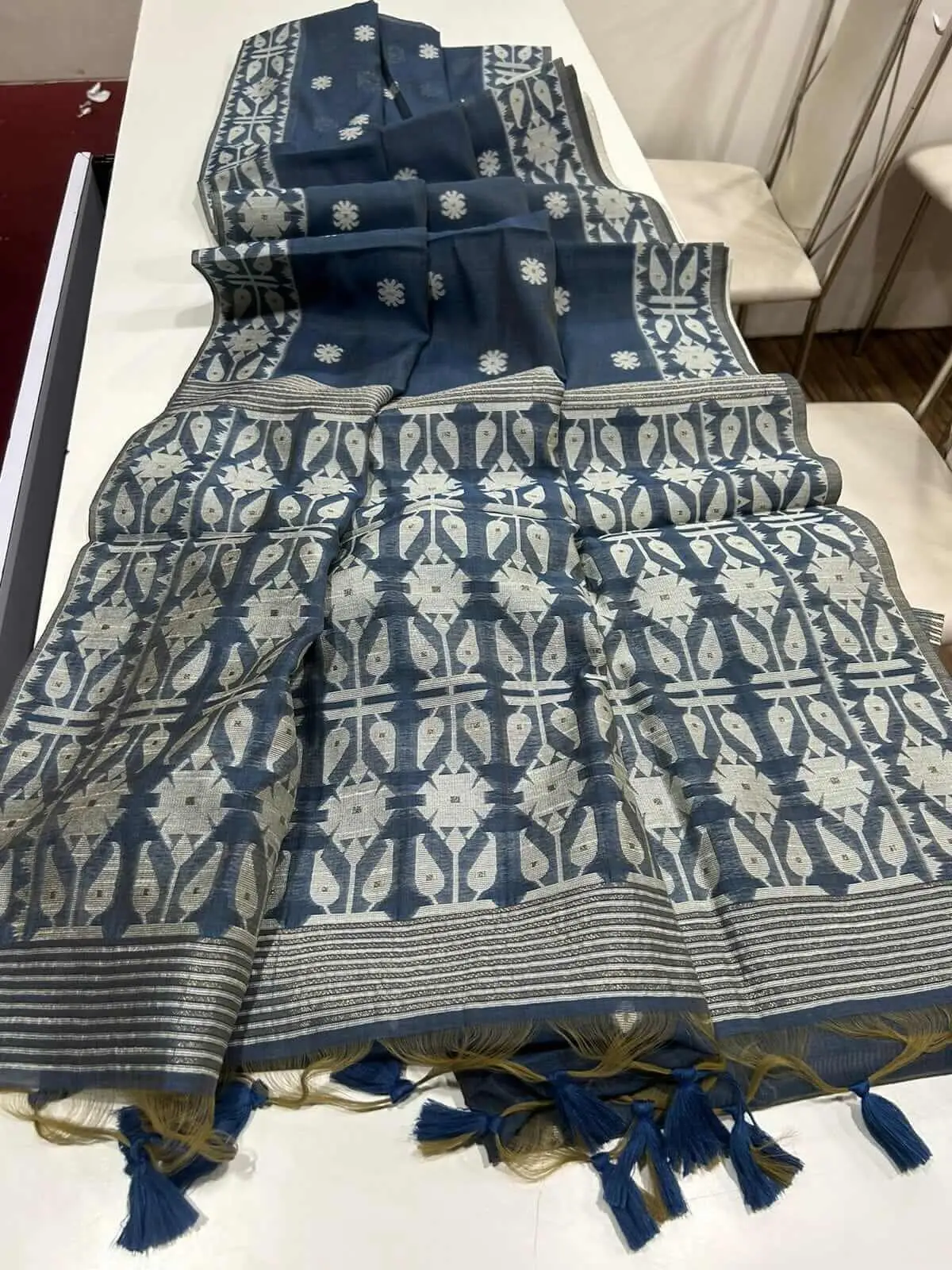 Chic and Sleek with Blue Muga Cotton Jamdani Saree image 2
