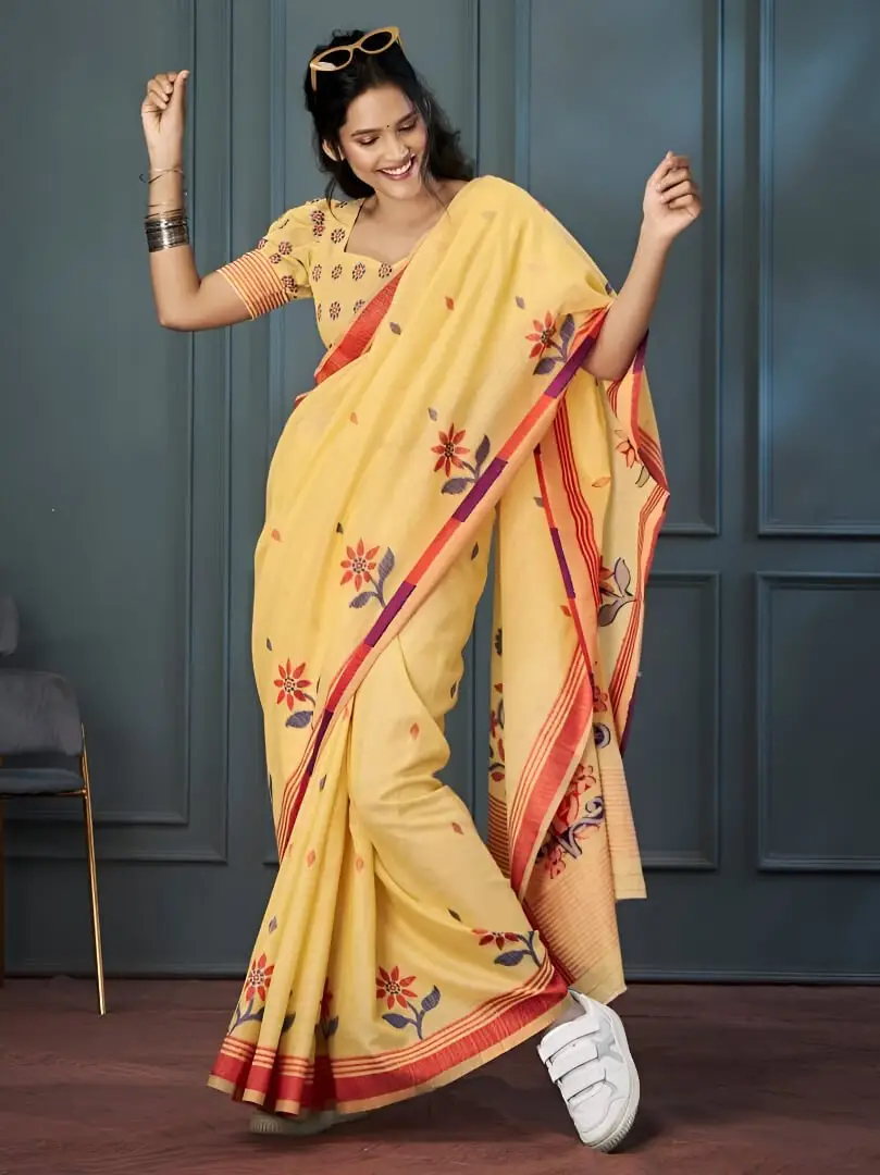 Feel the Glamour with Yellow Linen Floral Printed Woven Saree With Contrast Border