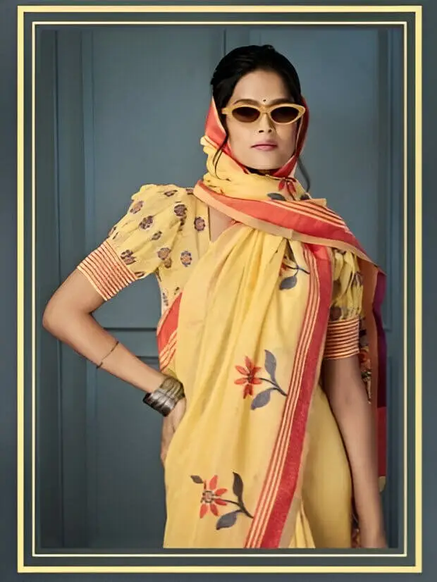 Feel the Glamour with Yellow Linen Floral Printed Woven Saree With Contrast Border image 2