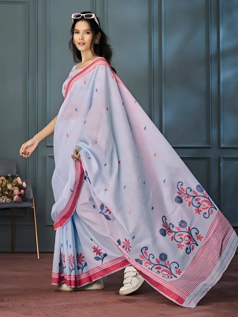 Step Into Fabulous with Lavender Linen Floral Printed Woven Saree With Contrast Border image 2