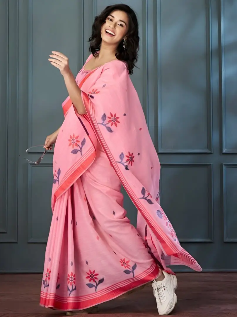 Shimmer and Shine with Pink Linen Floral Printed Woven Saree With Contrast Border