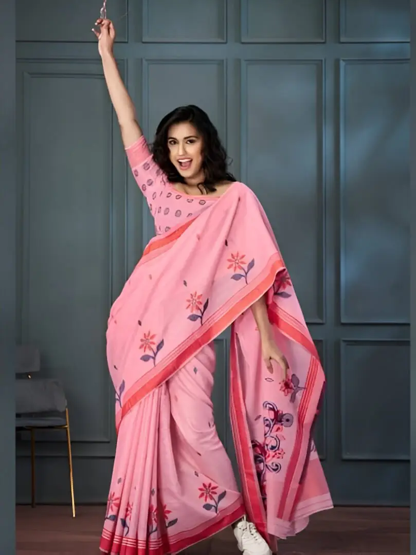 Shimmer and Shine with Pink Linen Floral Printed Woven Saree With Contrast Border image 2