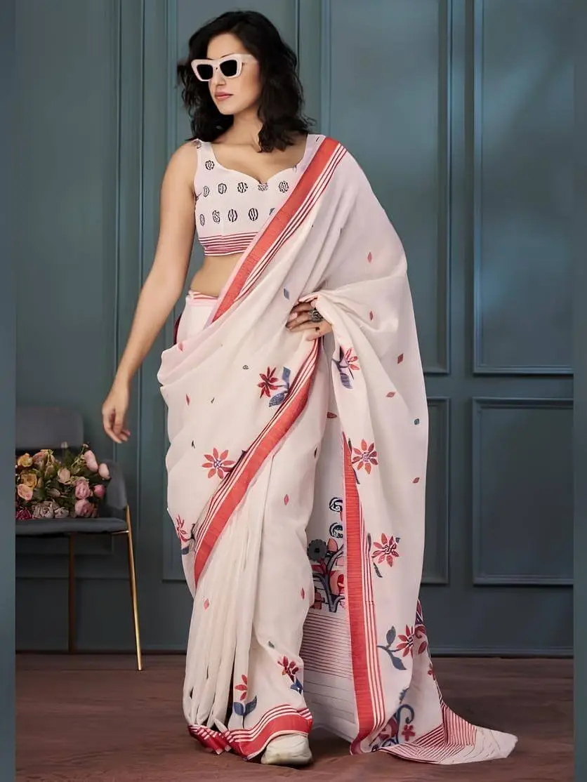 Rock the Glam with Light Peach Linen Floral Printed Woven Saree With Contrast Border