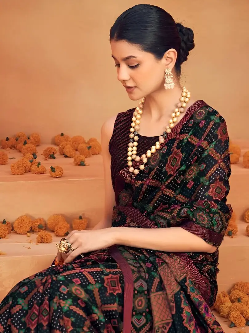 Refine Your Glow with Black Georgette Print Work Heavy Border Saree image 2