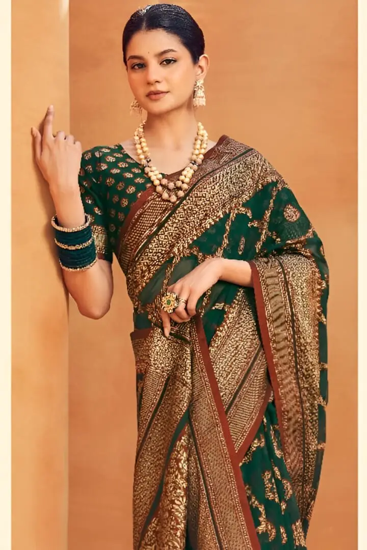 Rock the Glam with Pine Green Georgette Print Work Heavy Border Saree image 2