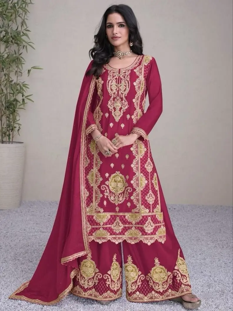 Feel the Glamour with Red Chinnon Sharara Suit Set