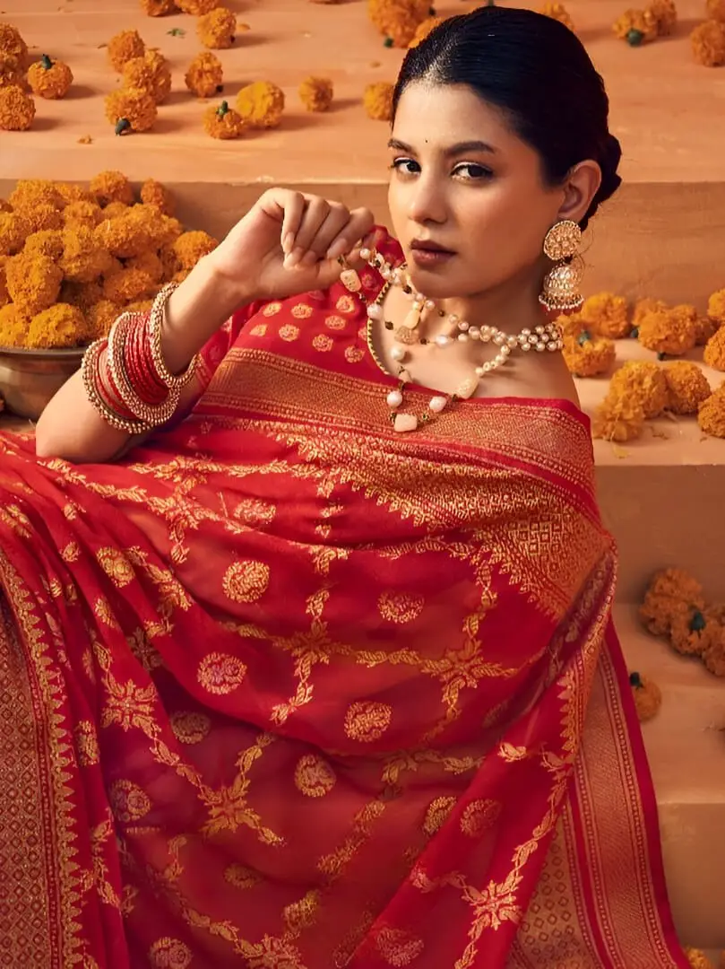 Enhance Your Shine with Red Georgette Print Work Heavy Border Saree image 2
