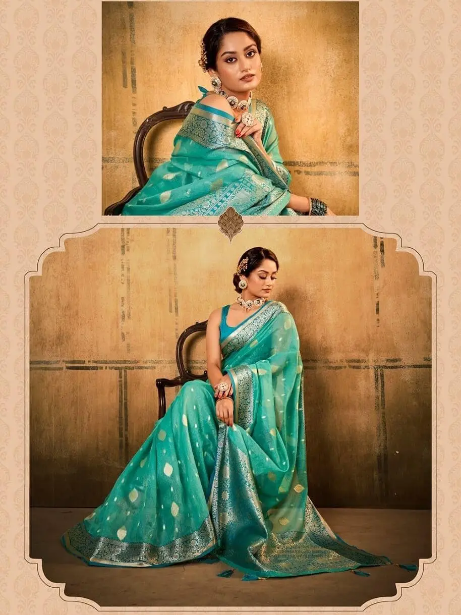 Get Your Glam On with Aqua Green Banarasi Silk Saree With Designer Blouse Piece image 2