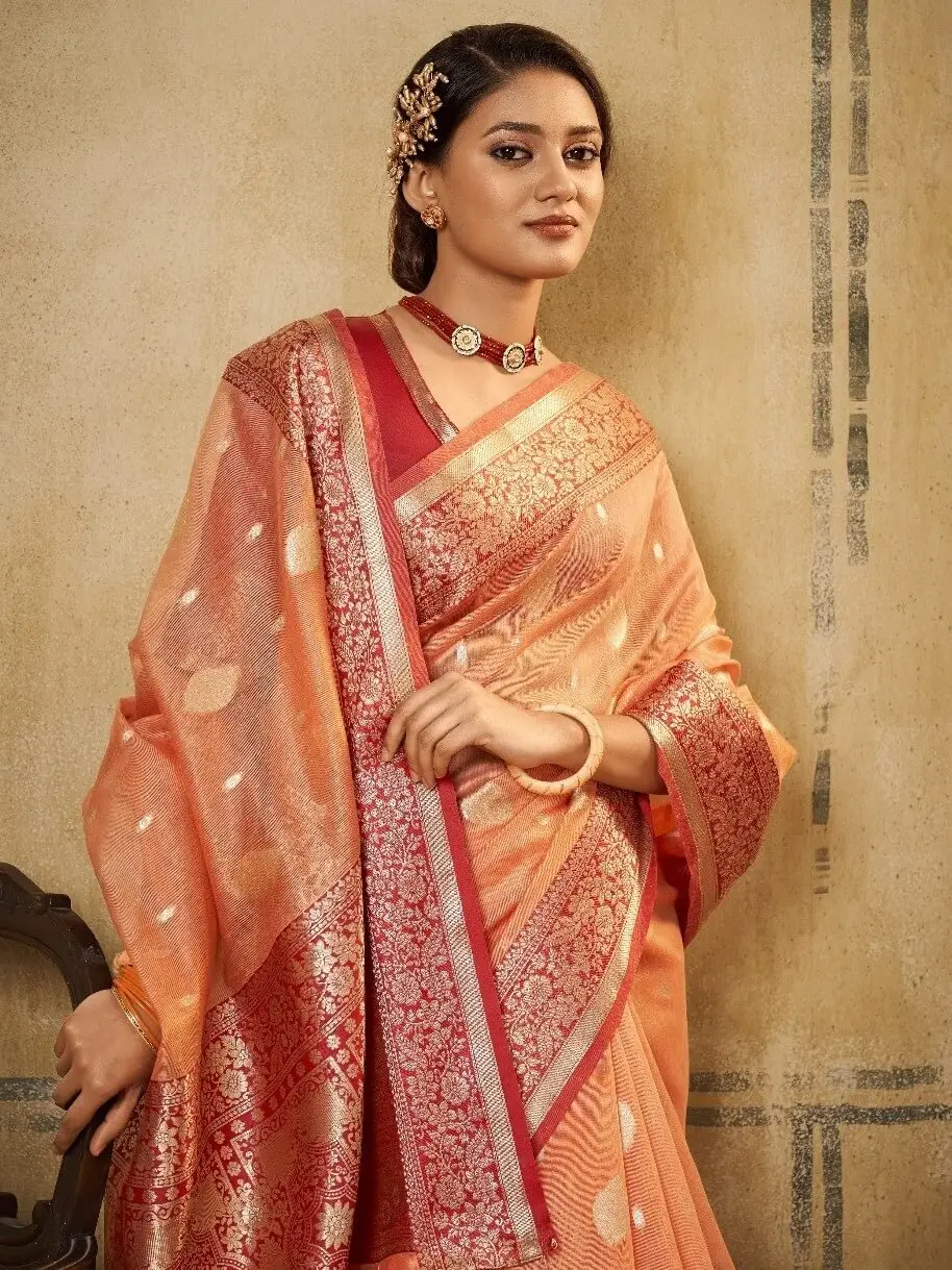 Turn Up the Glam with Peach Banarasi Silk Saree With Designer Blouse Piece image 2