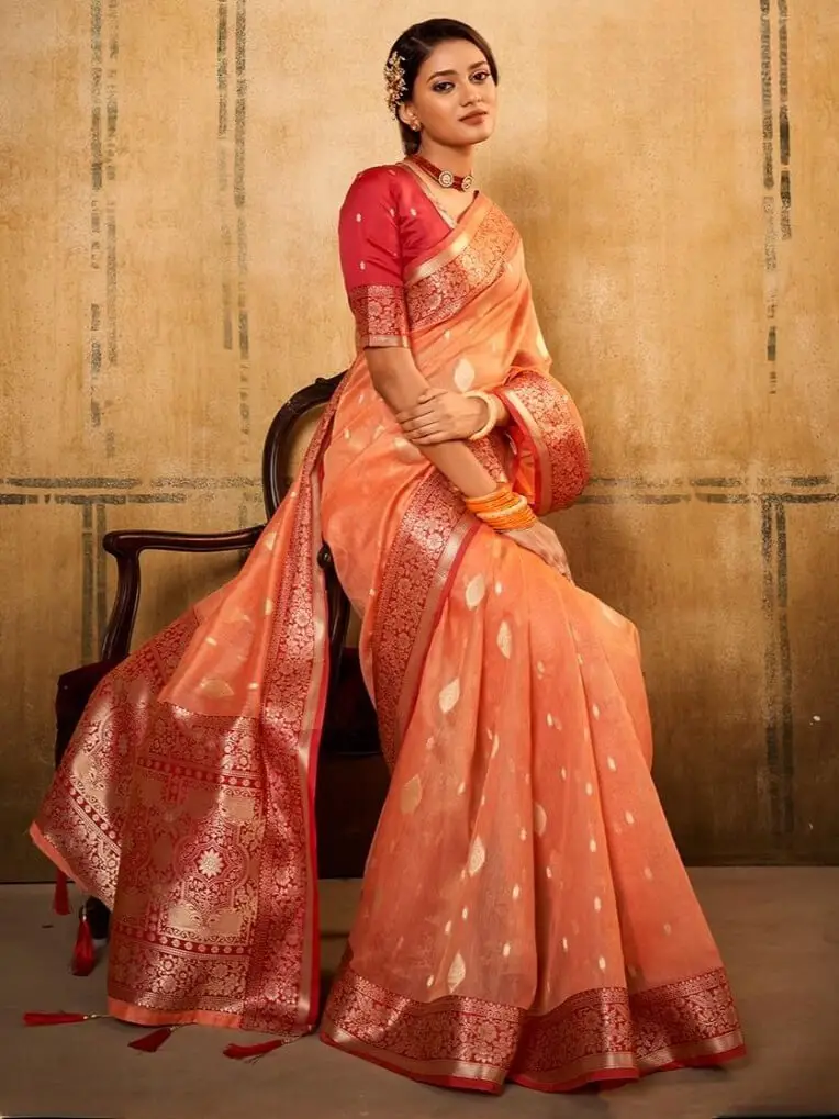 Turn Up the Glam with Peach Banarasi Silk Saree With Designer Blouse Piece