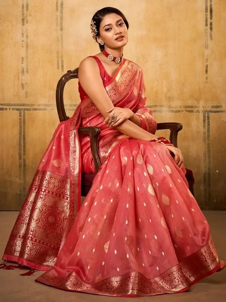 Turn Up the Glam with Tomato Red Banarasi Silk Saree With Designer Blouse Piece