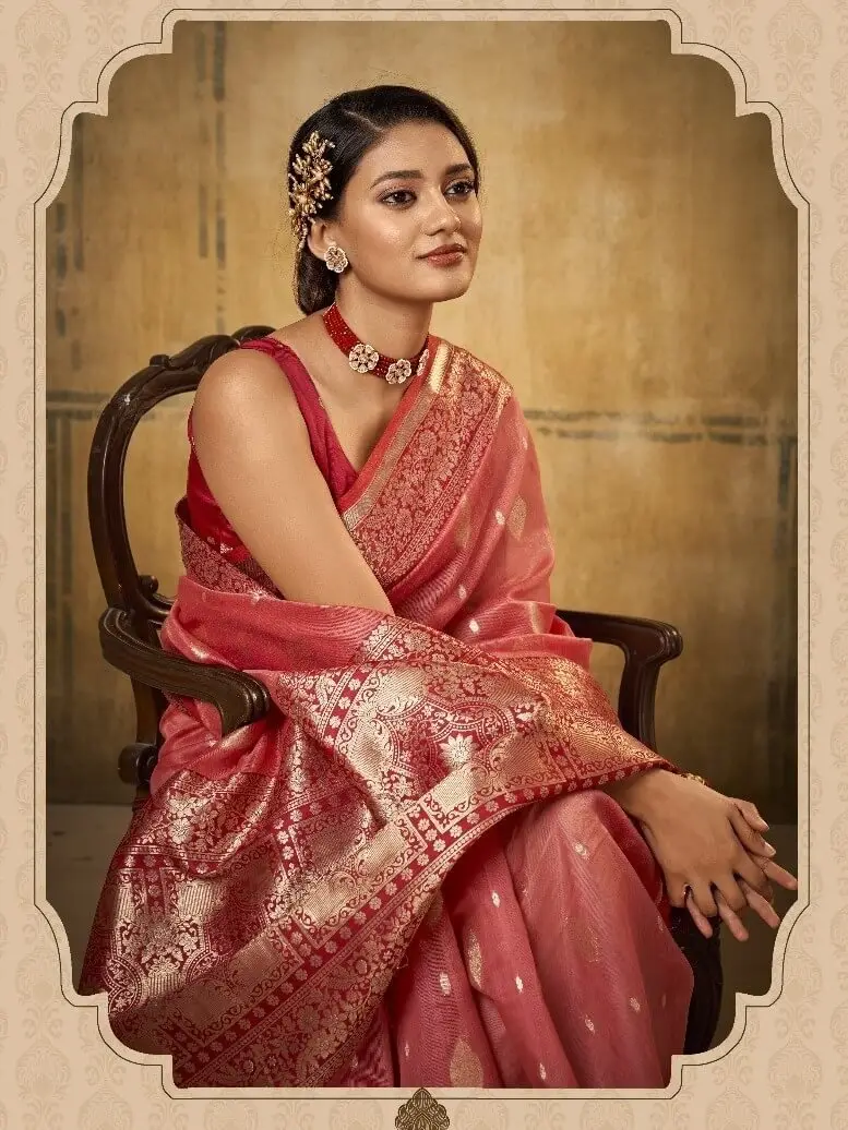 Turn Up the Glam with Tomato Red Banarasi Silk Saree With Designer Blouse Piece image 2