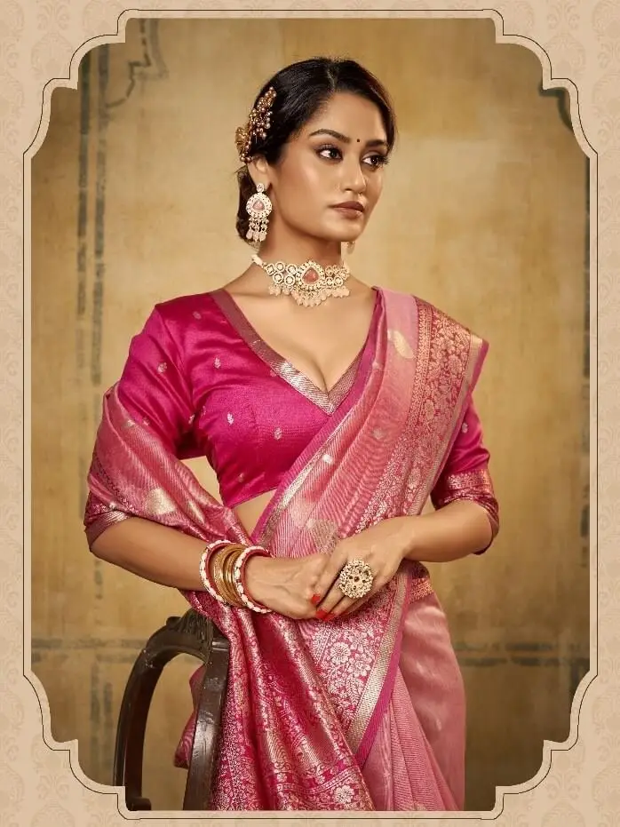 Elevate Your Aura with Pink Banarasi Silk Saree With Designer Blouse Piece image 2