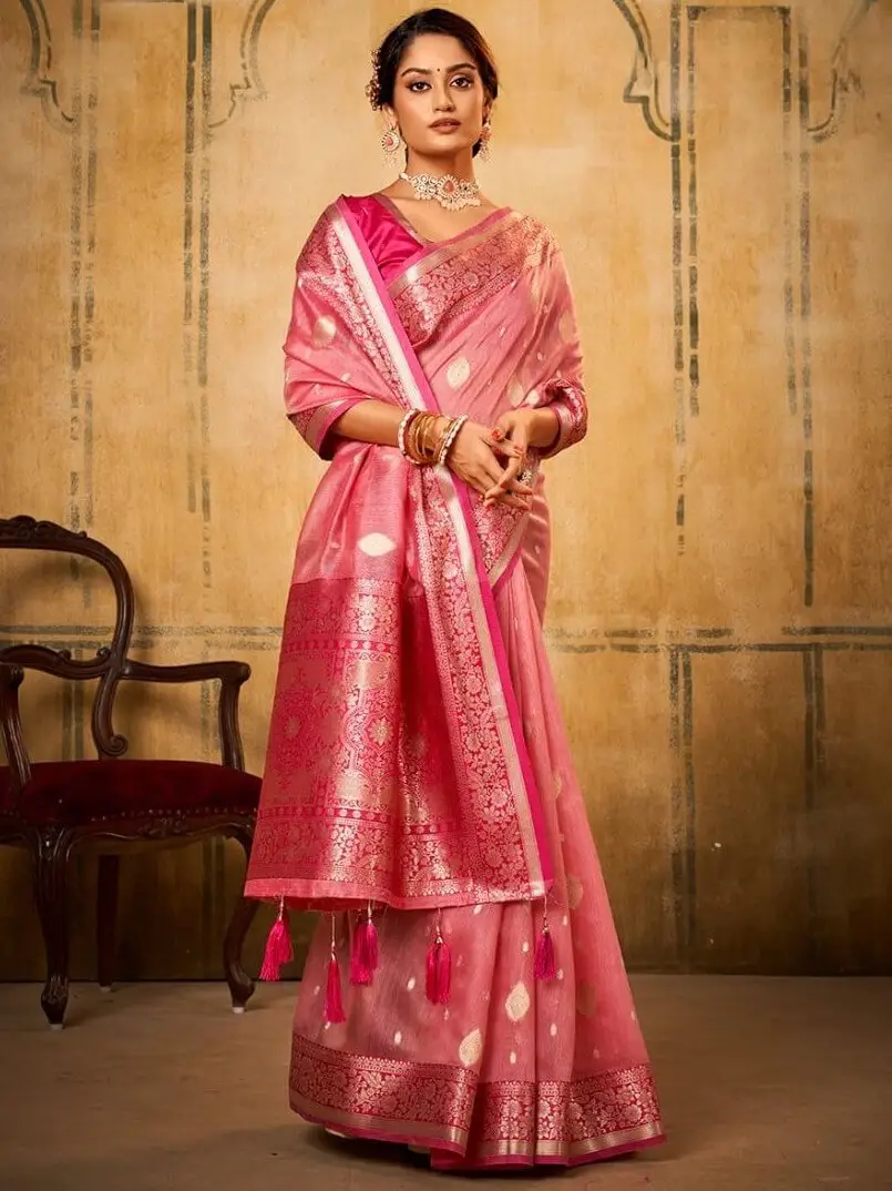 Elevate Your Aura with Pink Banarasi Silk Saree With Designer Blouse Piece