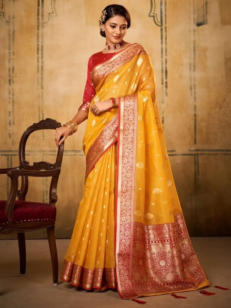 Step Into Fabulous with Yellow Banarasi Silk Saree With Designer Blouse Piece