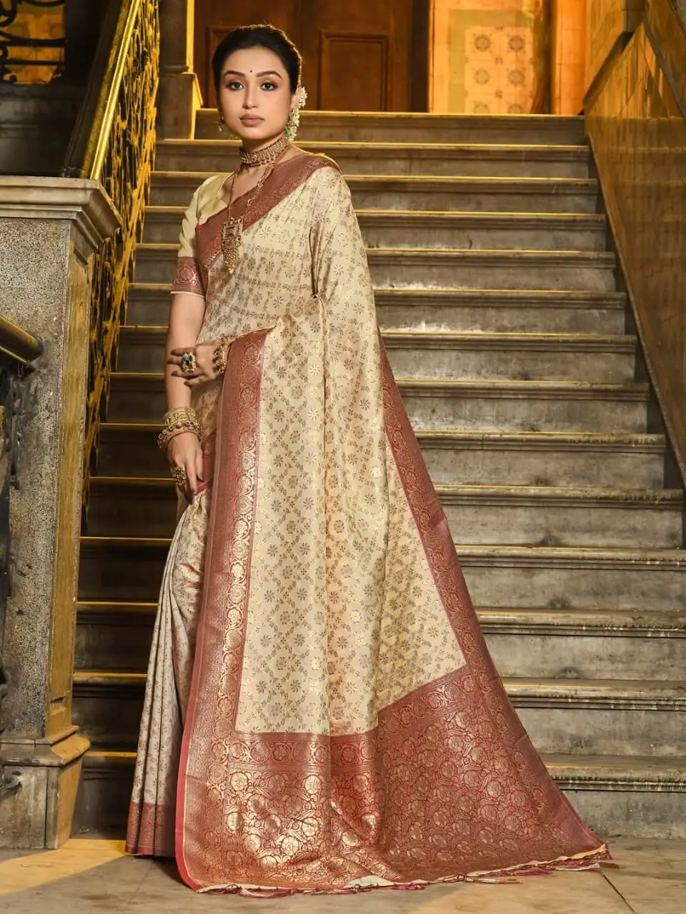 Get Your Glam On with Cream Banarasi Silk Saree with All Over Zari Jaal And Contrasting Border