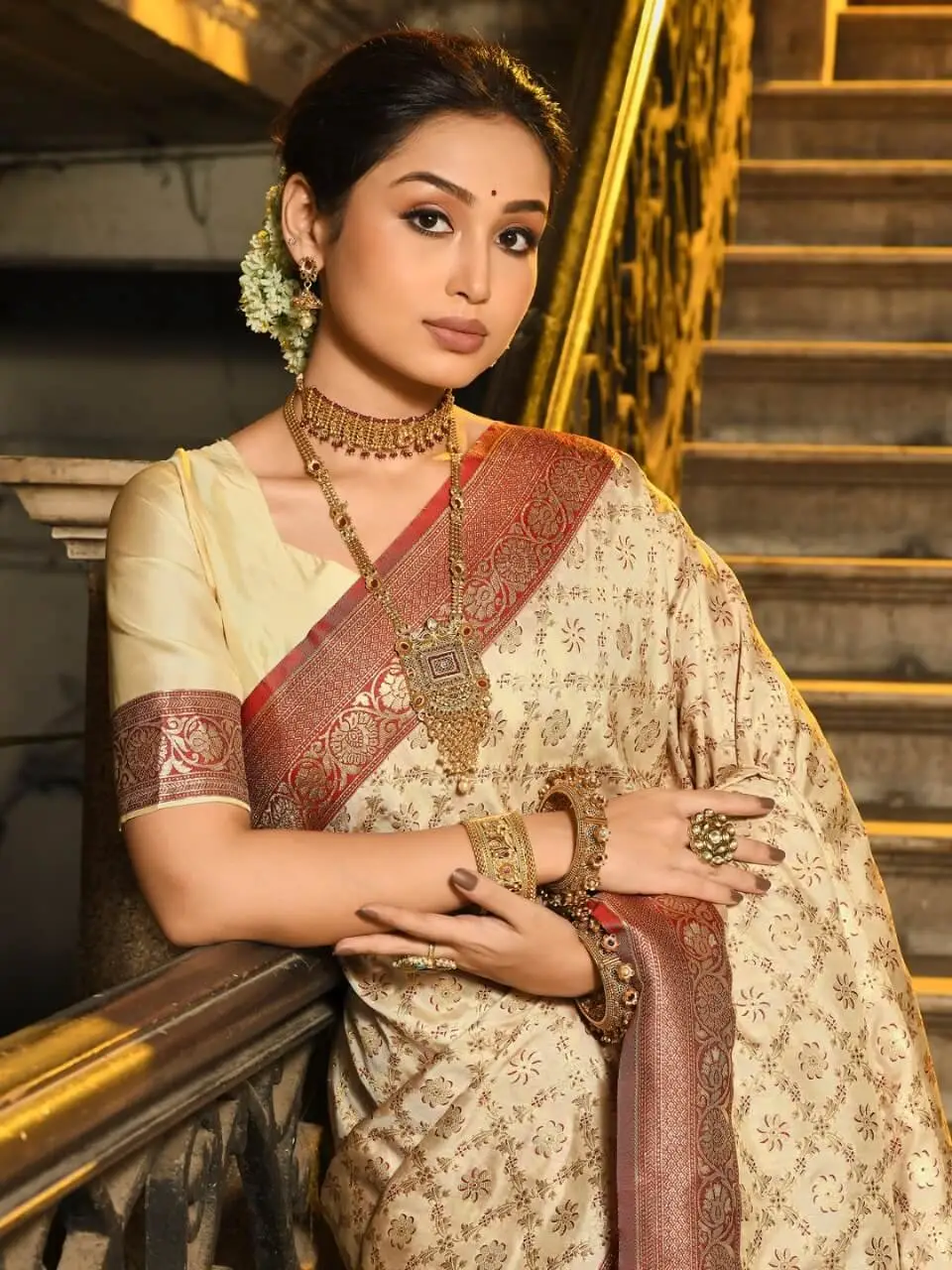 Get Your Glam On with Cream Banarasi Silk Saree with All Over Zari Jaal And Contrasting Border image 2