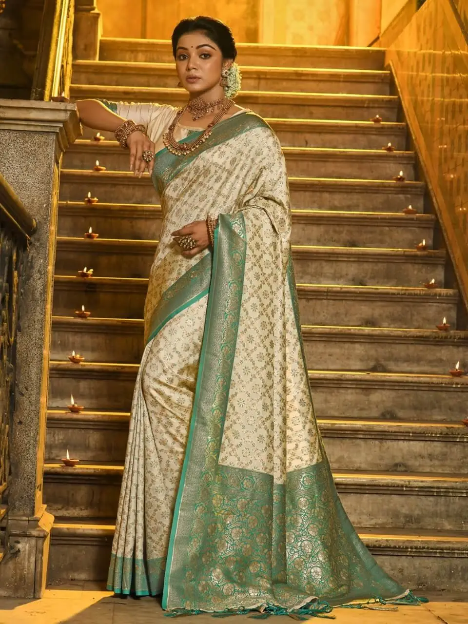 Turn Up the Glam with Beige Banarasi Silk Saree with All Over Zari Jaal And Contrasting Border