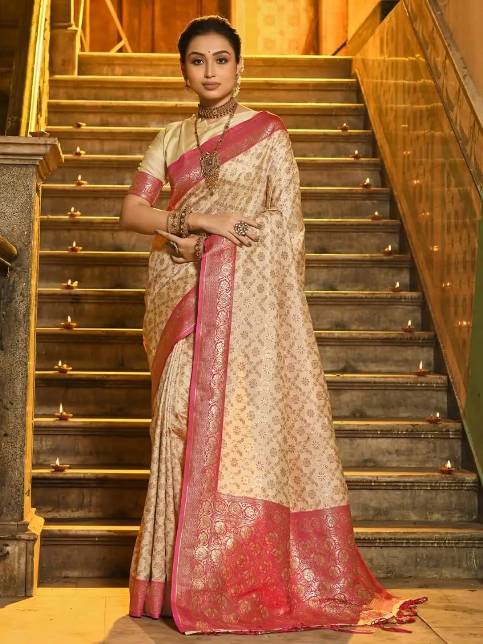 Get Stylish with Cream And Pink Banarasi Silk Saree with All Over Zari Jaal And Contrasting Border