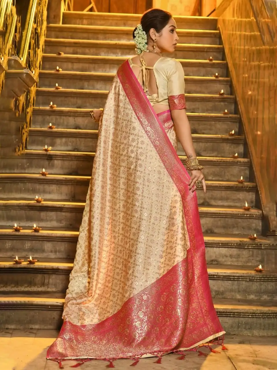 Get Stylish with Cream And Pink Banarasi Silk Saree with All Over Zari Jaal And Contrasting Border image 2