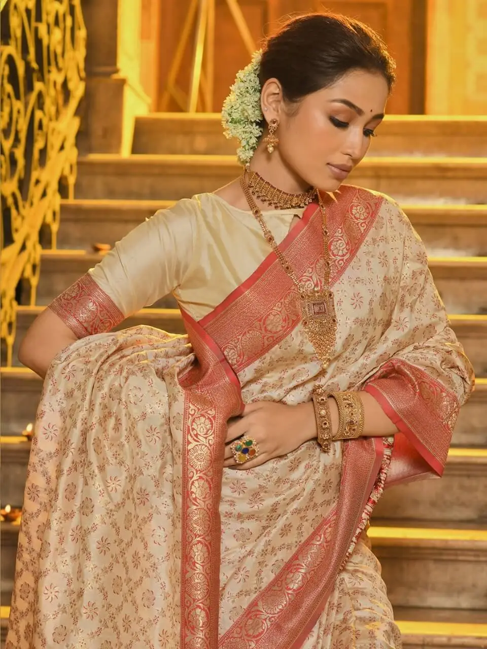 Step Into Elegance with Cream And Red Banarasi Silk Saree with All Over Zari Jaal And Contrasting Border image 2