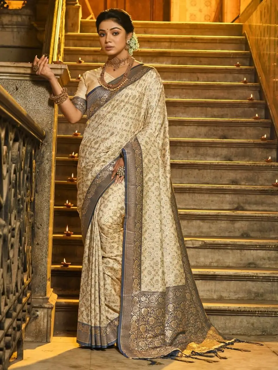 Get Stylish with Cream And Blue Banarasi Silk Saree with All Over Zari Jaal And Contrasting Border