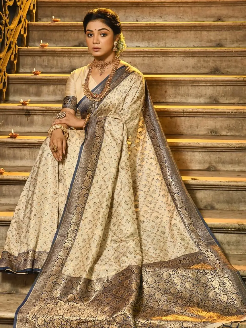 Get Stylish with Cream And Blue Banarasi Silk Saree with All Over Zari Jaal And Contrasting Border image 2