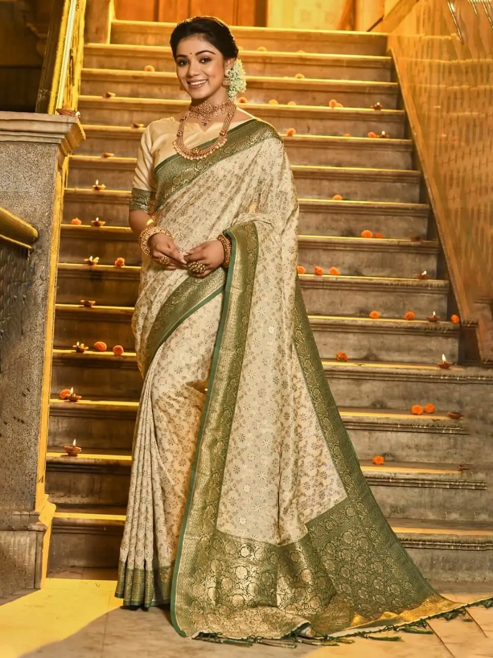 Chic and Sleek with Cream And Green Banarasi Silk Saree with All Over Zari Jaal And Contrasting Border
