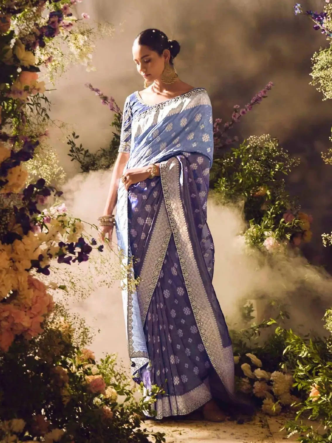 Rock the Glam with Pastel Blue Banarasi Zari Tissue Silk Embroidered Saree image 2