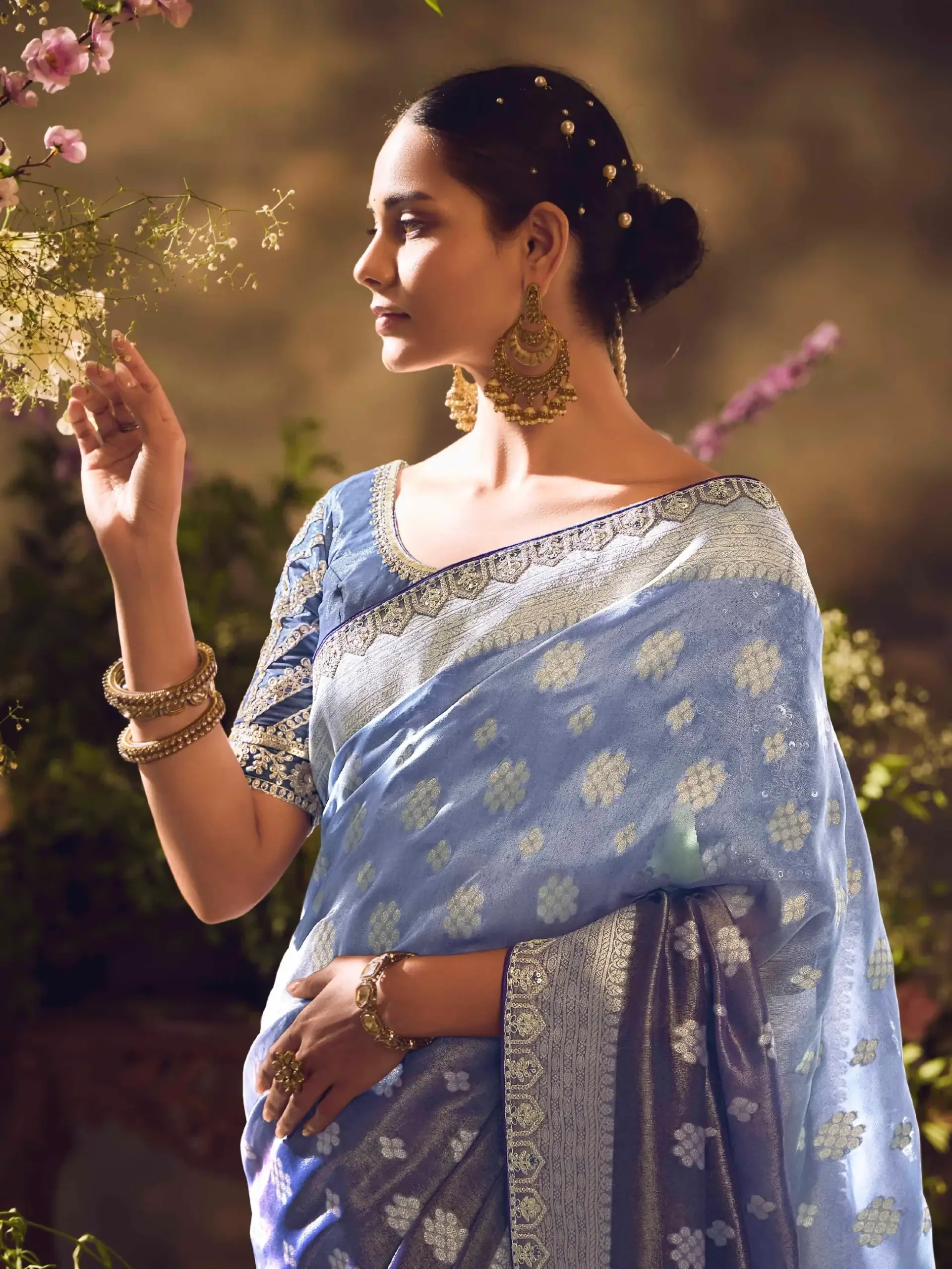 Rock the Glam with Pastel Blue Banarasi Zari Tissue Silk Embroidered Saree image 3