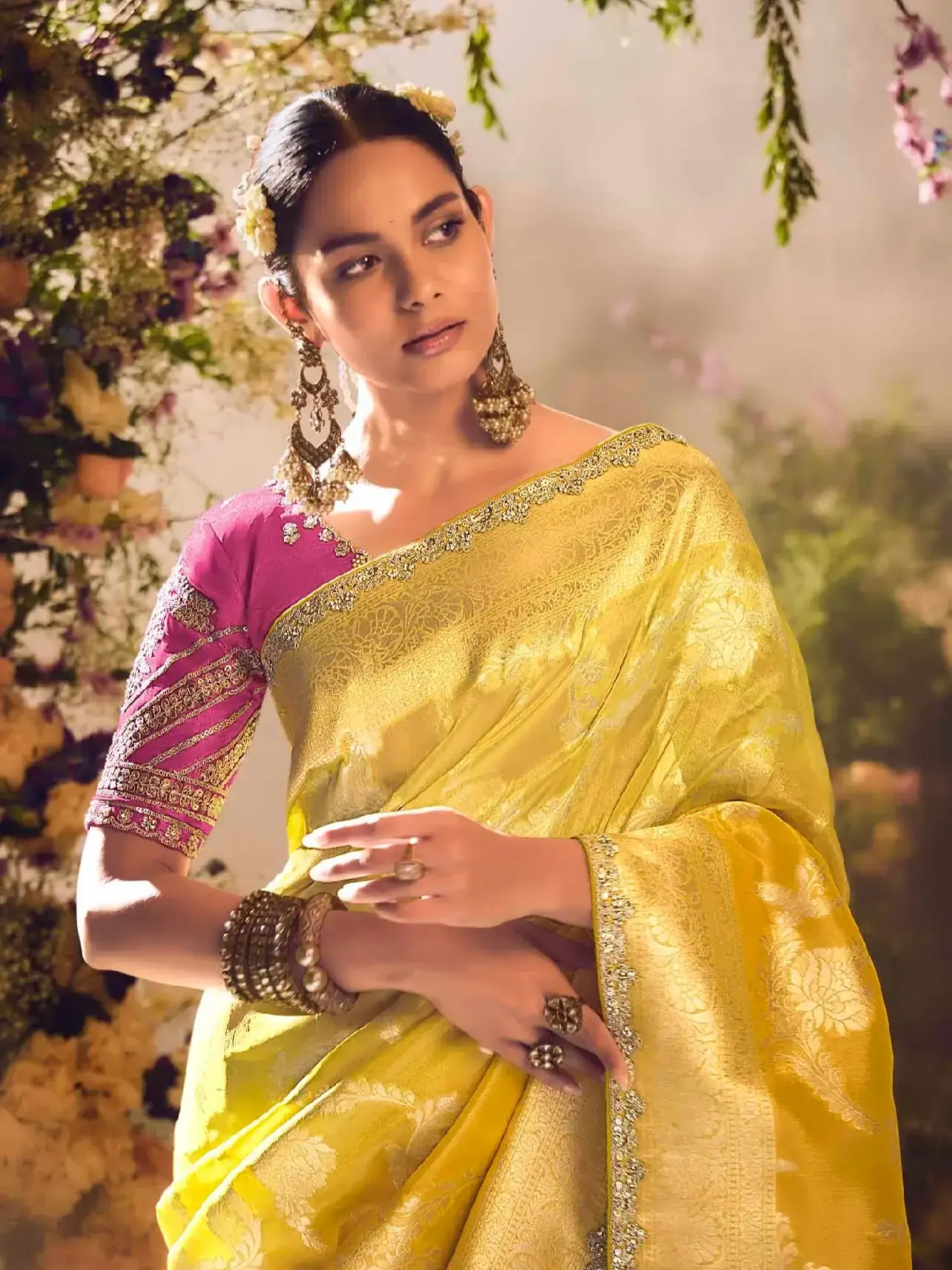 Elevate Your Look with Mustard Yellow Banarasi Zari Tissue Silk Embroidered Saree image 3