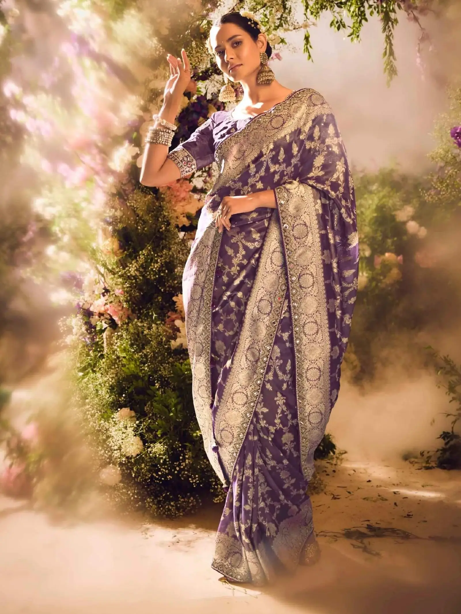 Get Your Glam On with Dark Purple Banarasi Zari Tissue Silk Embroidered Saree image 2