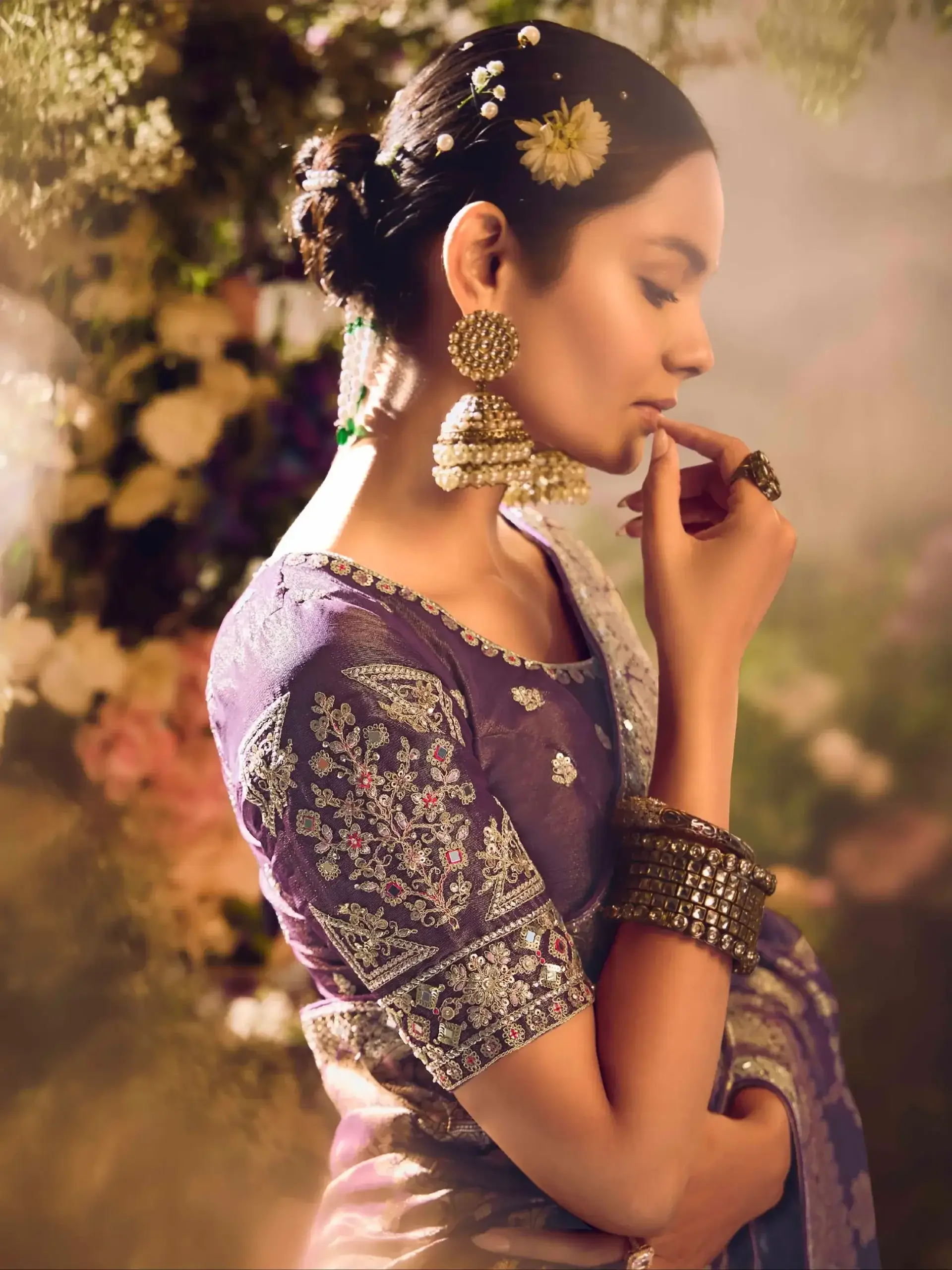 Get Your Glam On with Dark Purple Banarasi Zari Tissue Silk Embroidered Saree image 3