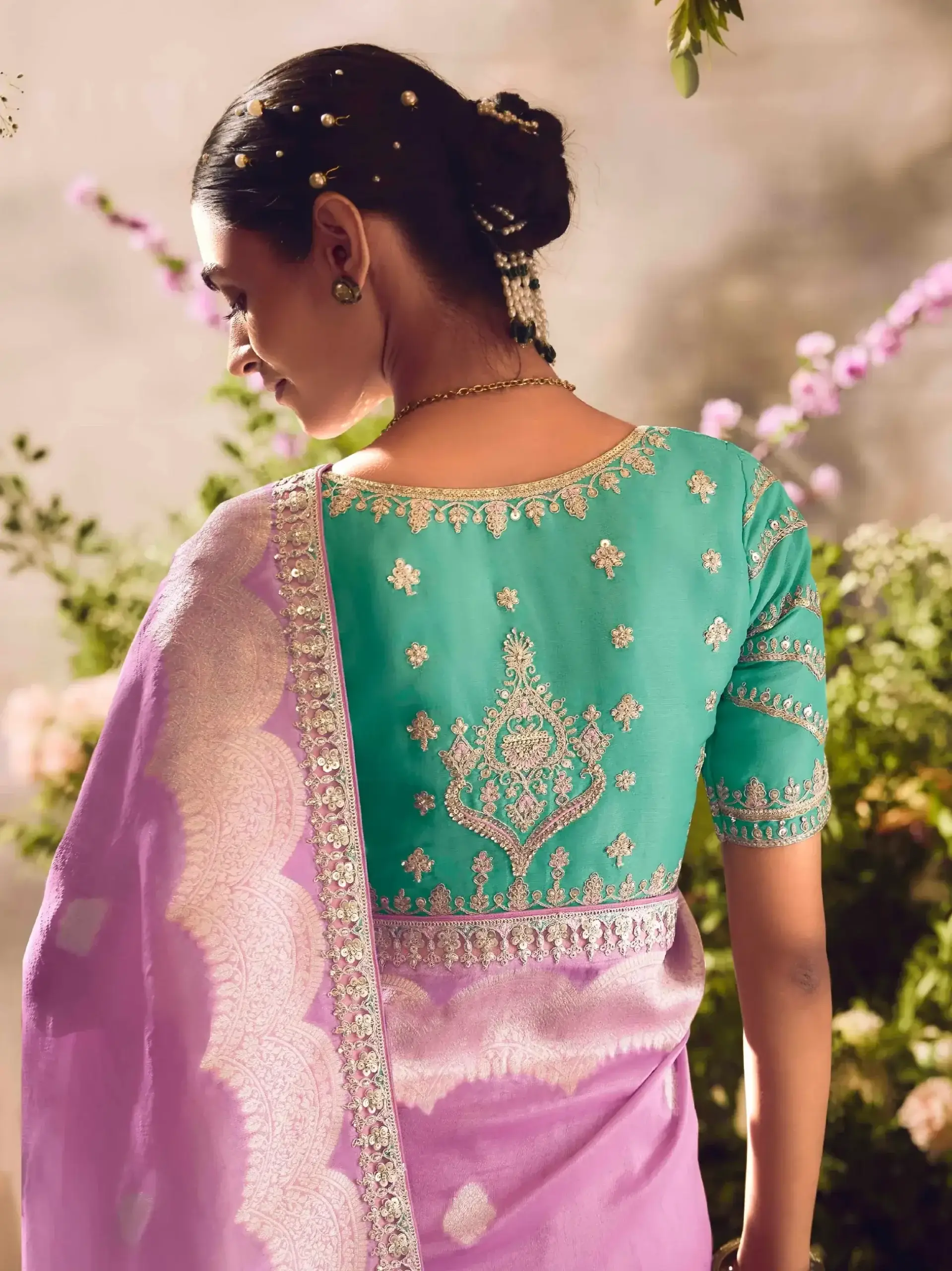 Chic and Sleek with Lilac Banarasi Zari Tissue Silk Embroidered Saree image 4