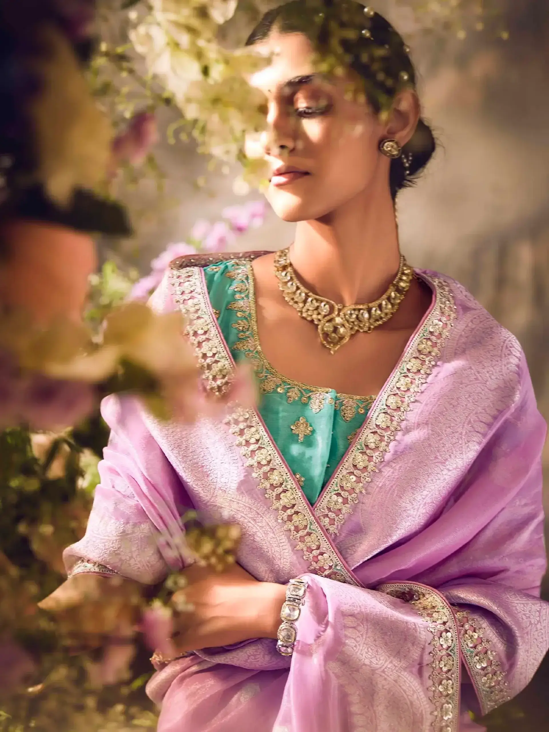 Chic and Sleek with Lilac Banarasi Zari Tissue Silk Embroidered Saree image 3