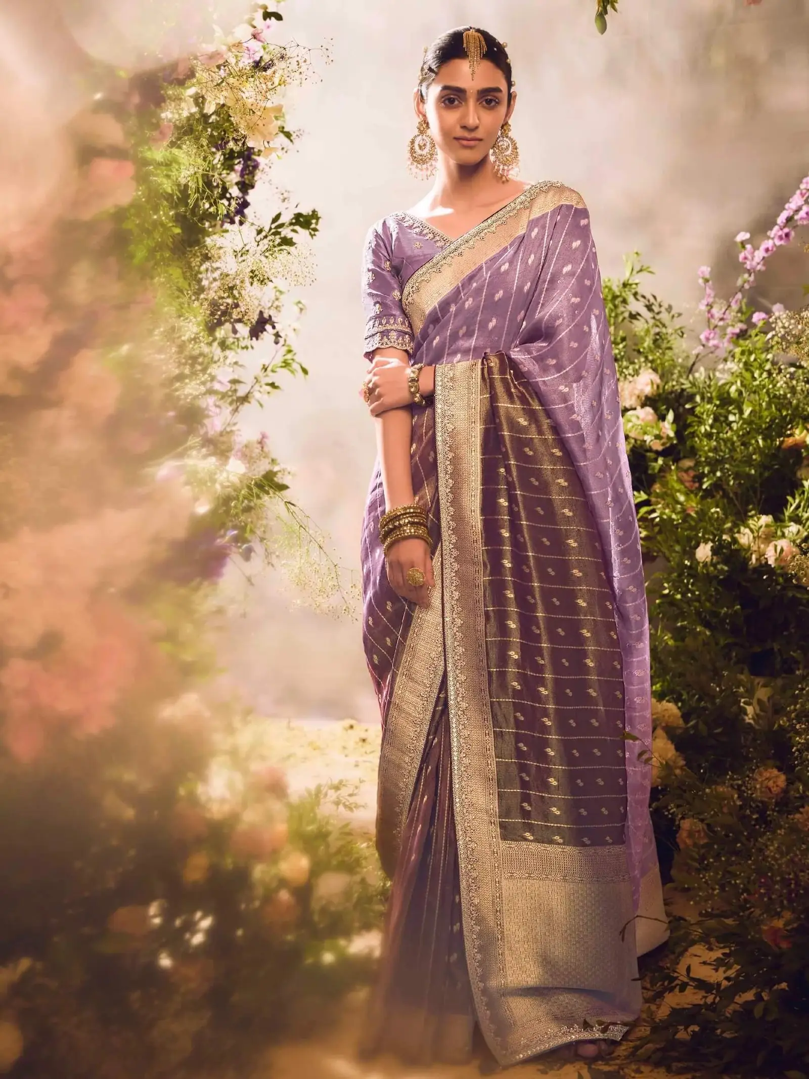 Elevate Your Look with Purple Banarasi Zari Tissue Silk Embroidered Saree
