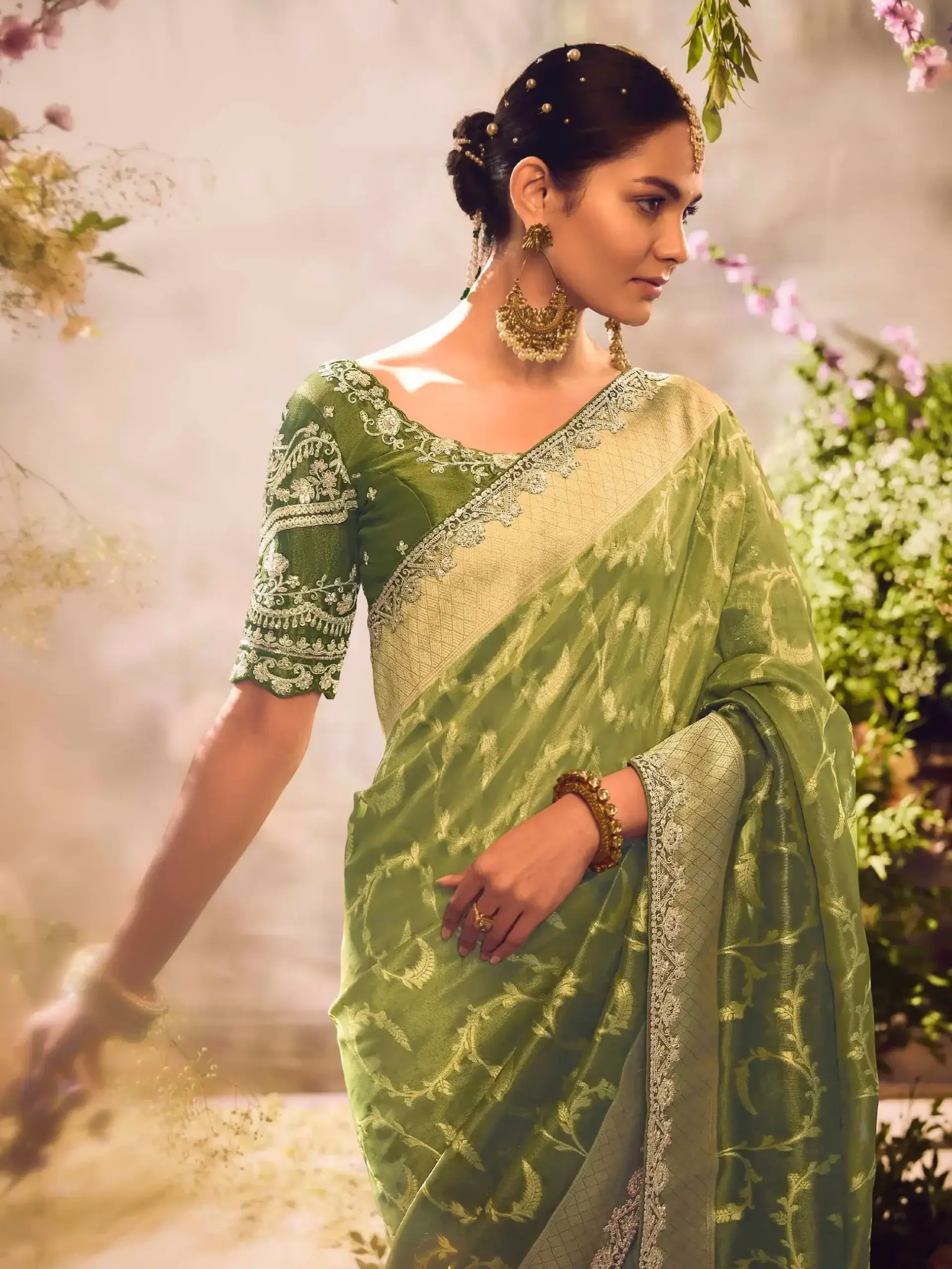 Get Your Glam On with Green Banarasi Zari Tissue Silk Embroidered Saree image 2