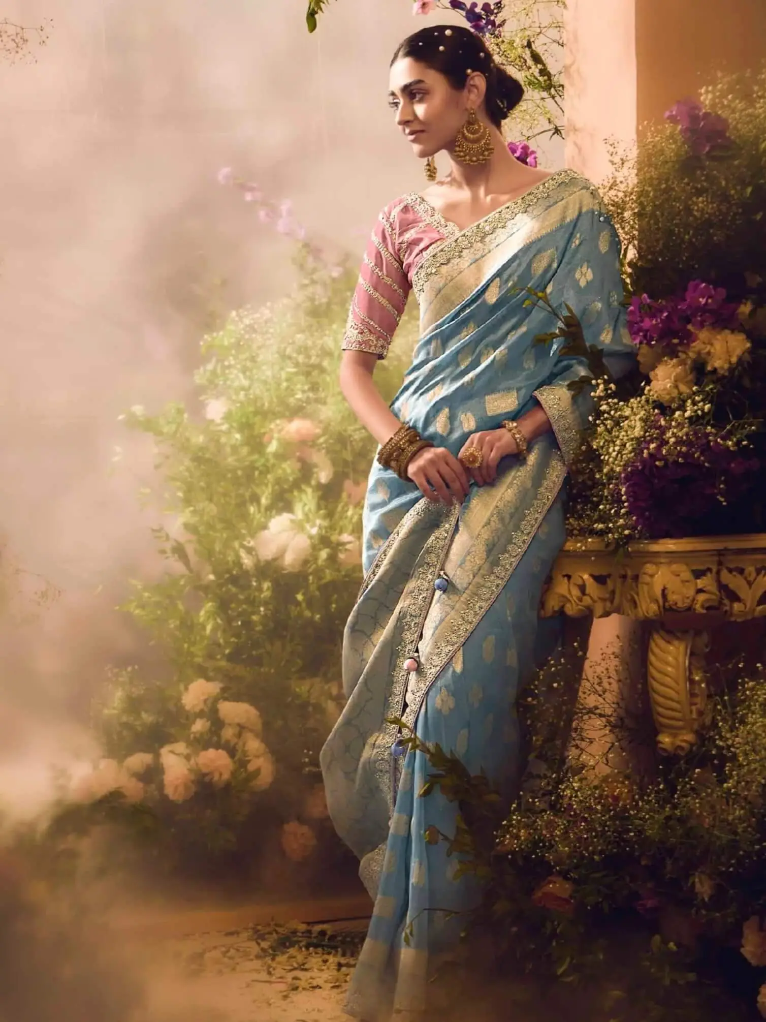 Enhance Your Shine with Sky Blue Banarasi Zari Tissue Silk Embroidered Saree image 2