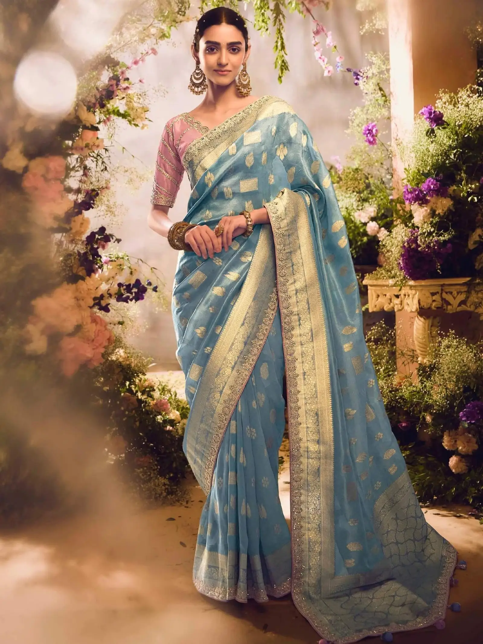 Enhance Your Shine with Sky Blue Banarasi Zari Tissue Silk Embroidered Saree