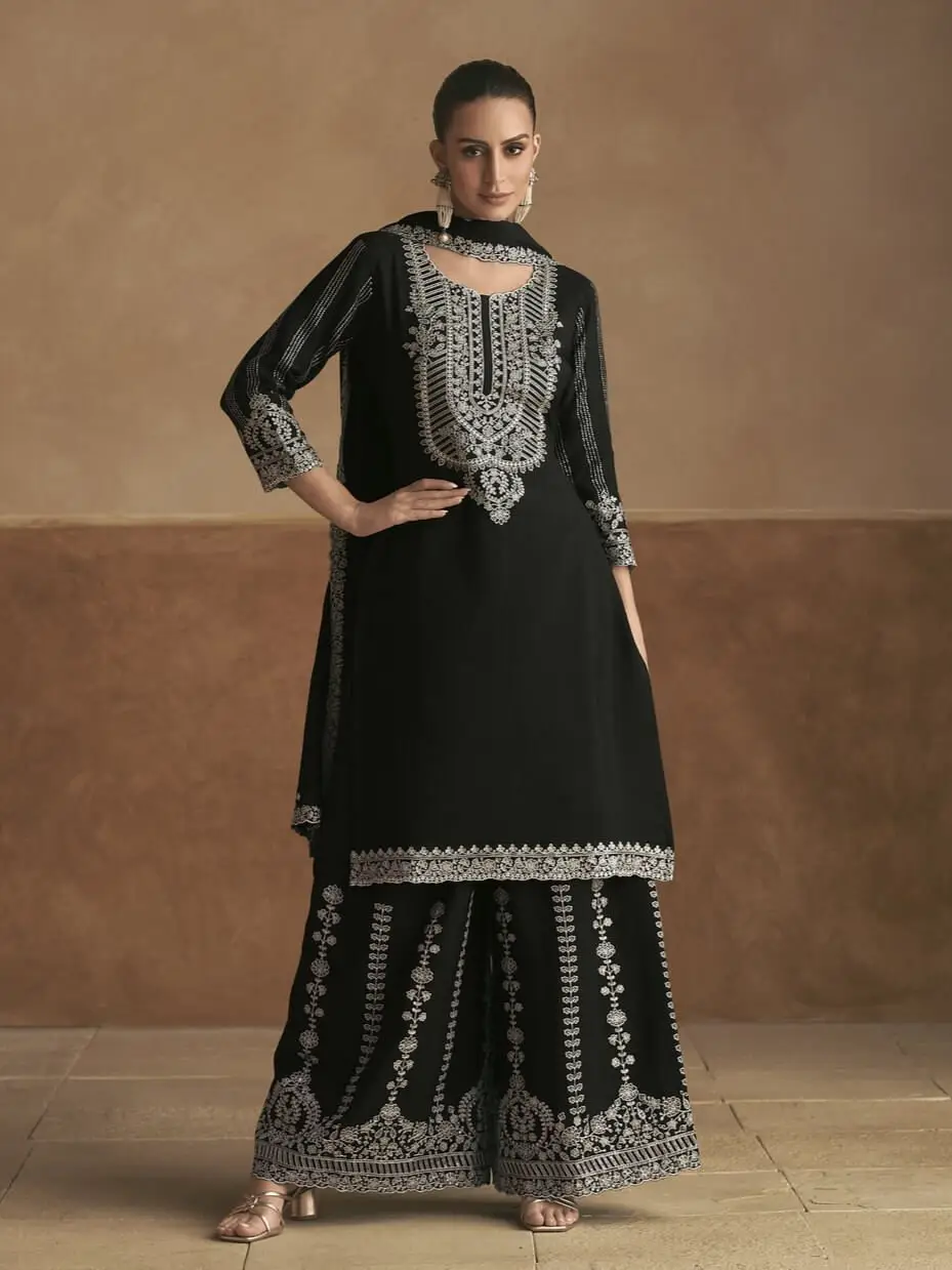 Get Stylish with Black Embroidered Chinnon Sharara Suit Set