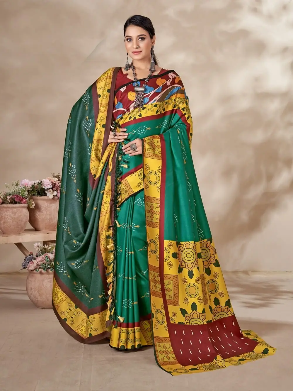 Elevate Your Look with Teal Green Digital Printed Pashmina Silk Saree With Shawl