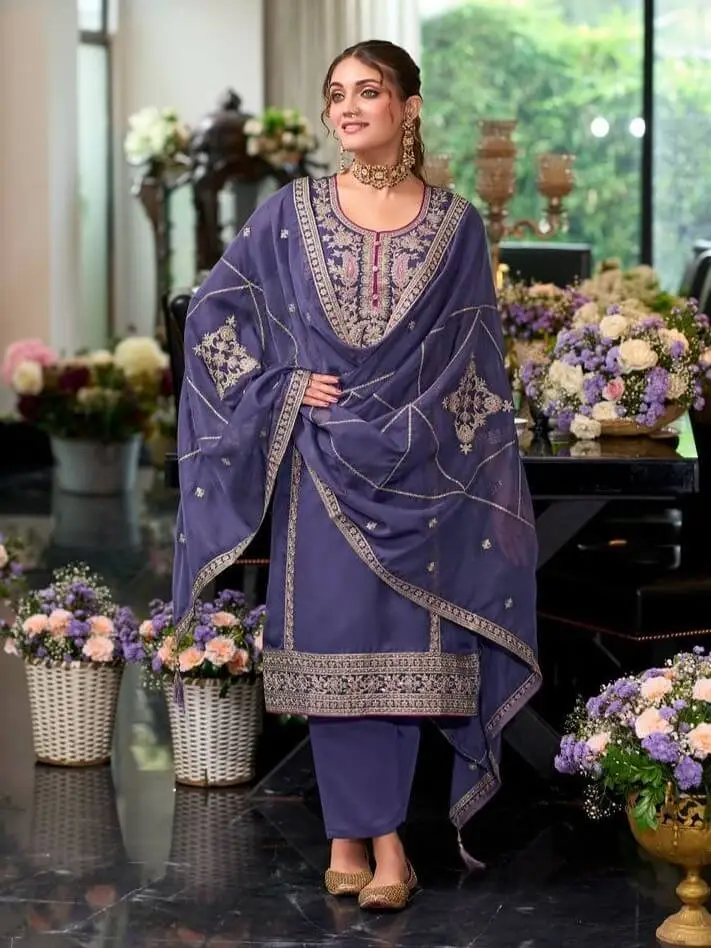 Get Stylish with Purple Traditional Embroidered Organza Suit Set image 2