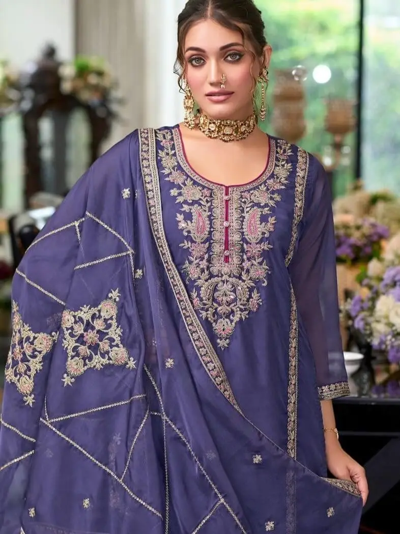 Get Stylish with Purple Traditional Embroidered Organza Suit Set image 3