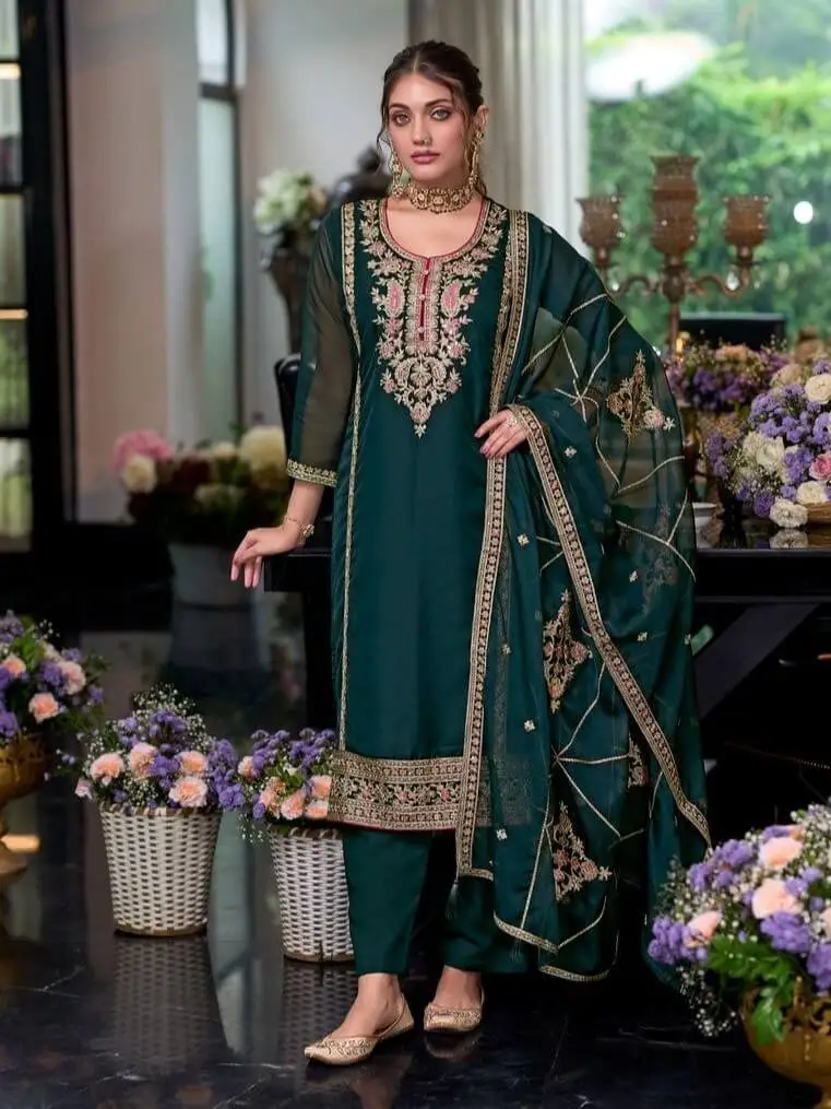 Gild Your Glamour with Emerald Green Traditional Embroidered Organza Suit Set