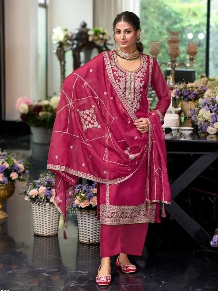 Elevate Your Aura with Magenta Pink Traditional Embroidered Organza Suit Set image 2
