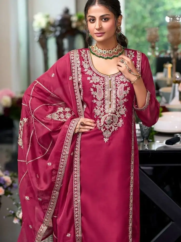 Elevate Your Aura with Magenta Pink Traditional Embroidered Organza Suit Set image 3
