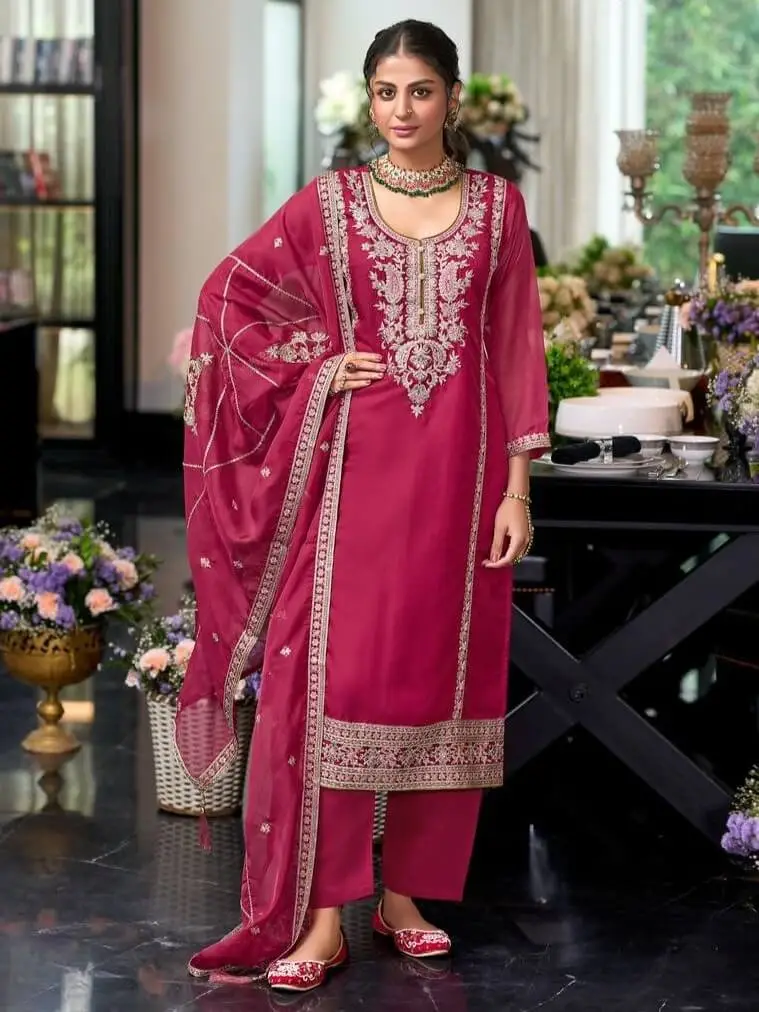 Elevate Your Aura with Magenta Pink Traditional Embroidered Organza Suit Set